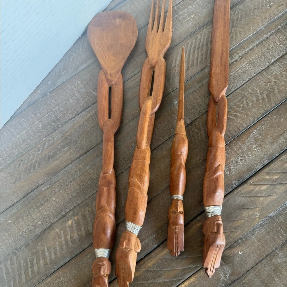 Vintage tribal wooden hand Carved serving set
